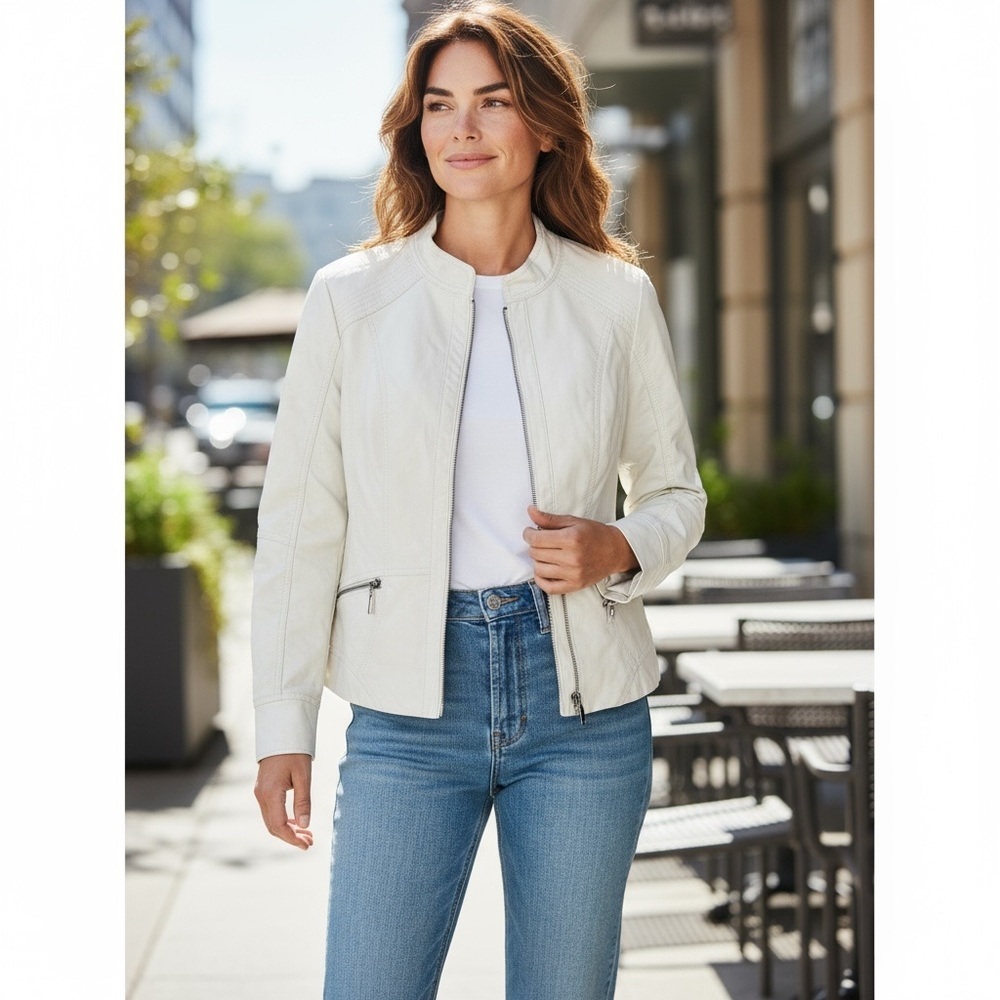 Christopher & Banks Cream Vegan Leather Jacket